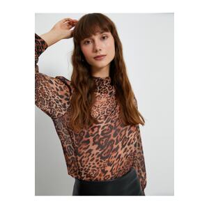 Koton Chiffon blouse Leopard Patterned Draped Collar Balloon Sleeve