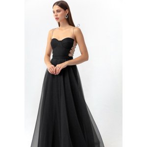 Lafaba Women's Black Stone Strap Glittery Glittery, Flare Cut Long Evening Dress