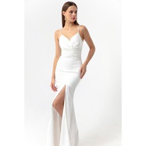 Lafaba Women's White Evening Dress with Straps and a Slit in Long Satin Prom.