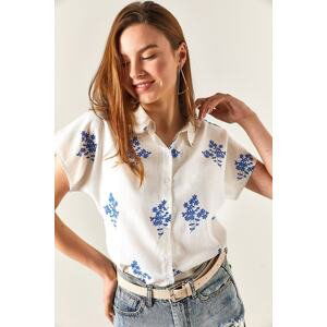 Olalook Women's Floral Blue Patterned Linen Bat Shirt