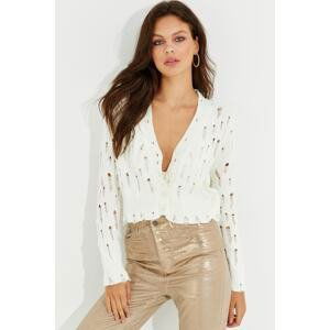 Cool & Sexy Women's Ecru Short Cardigan with Torn Detail