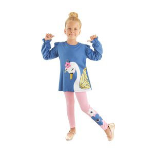 Denokids Swan Girl Child Navy Blue T-shirt with Pink Leggings Suit.