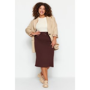 Trendyol Curve Brown Pencil Interlock Knitted Plus Size Skirt