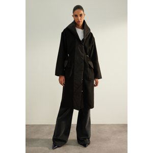 Trendyol Limited Edition Black Hooded Oversize Wide Cut Wool Stamp Coat