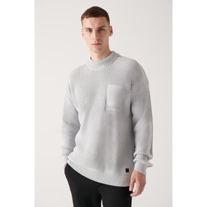 Avva Men's Gray Crew Neck Pocket Detailed Cotton Loose Comfort Fit Relaxed Cut Knitwear Sweater