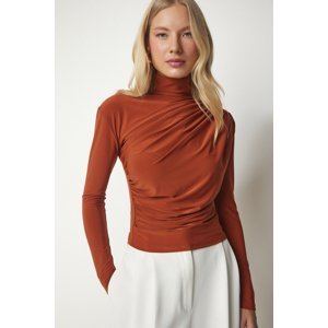 Happiness İstanbul Women's Sandy Blouse with Tile Ruffle Detail Stand-Up Collar