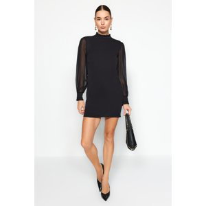 Trendyol Black Straight Cut Sleeves Chiffon Detailed Mini Woven Dress