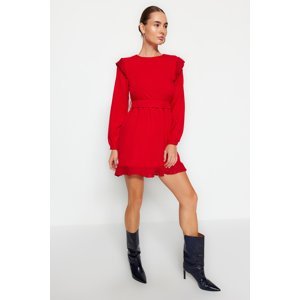 Trendyol Red Belted Ruffled Woven Dress