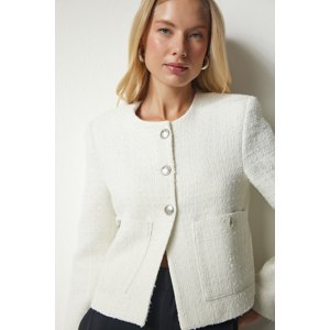 Happiness İstanbul Women's Ecru Buttoned Tweed Jacket