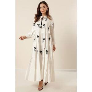 By Saygı Tie-down collar with floral embroidery and elasticated sleeves. Comfortable fit. Long Viscose Dress in Ecru.