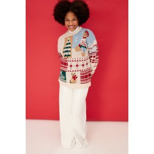 Trendyol Stone Christmas Theme, Wide fit Soft Textured Patterned Knitwear Sweater