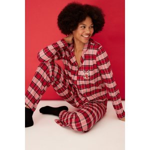 Trendyol Red 100% Cotton Deer Print Plaid T-shirt-Pants Knitted Pajamas Set