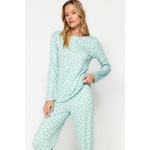 Trendyol Mint Cotton Heart Patterned Tshirt-Pants Knitted Pajama Set