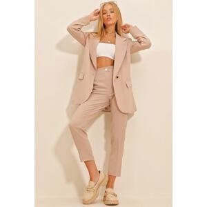 Trend Alaçatı Stili Women's Beige Single Button Lined Jacket and Pants Suit