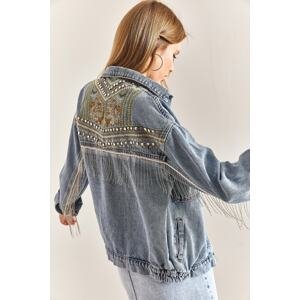 Bianco Lucci Women's Embroidered Stone Embroidered Denim Jacket