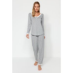 Trendyol Gray Cotton Polka Dot Lace Detailed Tshirt-Pants Knitted Pajamas Set