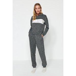 Trendyol Gray Cotton Slogan Printed Sweatshirt-Jogger Knitted Pajama Set