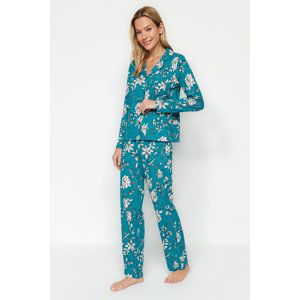 Trendyol Petrol 100% Cotton Floral Pattern Shirt-Pants and Knitted Pajamas Set