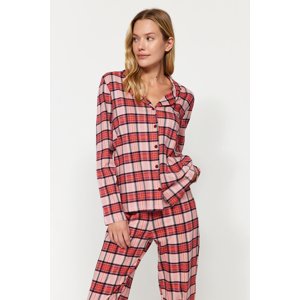 Trendyol Red 100% Cotton Plaid/Checked Shirt-Pants Knitted Pajama Set