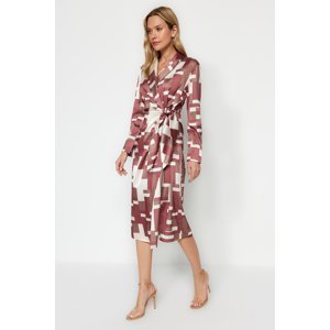 Trendyol Brown Wrapped Midi Tie Detailed Geometric Patterned Woven Dress