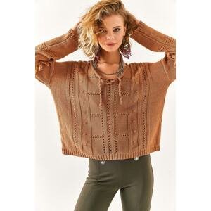 Olalook Women's Brown Lace Detailed Knitwear Blouse with Openwork