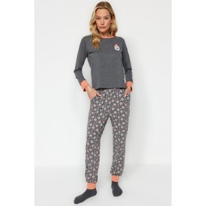 Trendyol Gray Teddy Bear Patterned Cotton Pocket Detailed Tshirt-Jogger Knitted Pajamas Set