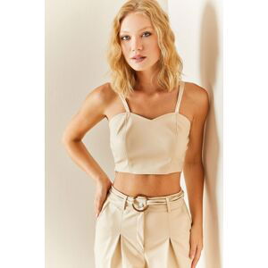 XHAN Cream Sweetheart Collar Leather Crop Blouse