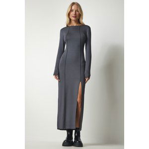 Happiness İstanbul Women's Anthracite Slit Stitched Long Viscose Dress