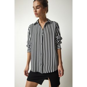 Happiness İstanbul Women's Black Ecru Striped Viscose Shirt