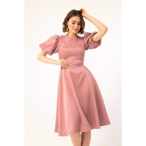 Lafaba Women's Pink Balloon Sleeve Stony Belted Mini Satin Evening Dress