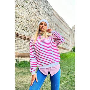 Trend Alaçatı Stili Women's Fuchsia-White Crewneck Striped Seasonal Oversized Sweatshirt