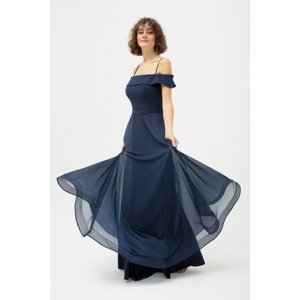 Lafaba Women's Navy Blue Thin Strap Boat Neck Silvery Long Evening Dress