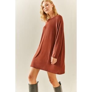 XHAN Brown Crew Neck Flowy Knitted Dress
