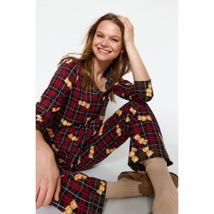 Trendyol Multi Color 100% Cotton Teddy Bear Printed Plaid Shirt-Pants Knitted Pajamas Set