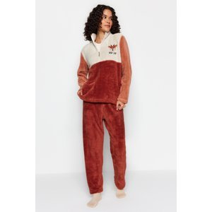Trendyol Cinnamon-Multi Color Wellsoft Embroidery and Zipper Detail Knitted Pajamas Set