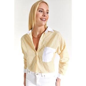 armonika Women's Yellow Striped Crop Shirt with Back Detail