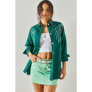 Olalook Women's Leaf Emerald Green Stamp Sequin Detail Oversize Cachet Shirt