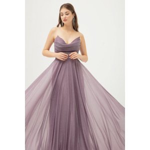Lafaba Women's Lavender Chest Draped Slit Flared Silvery Evening Dress