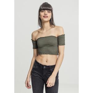 Ladies Cropped Cold Shoulder Smoke Top olivový