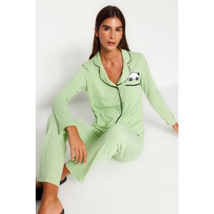Trendyol Mint Cotton Panda Printed Shirt-Pants Knitted Pajama Set