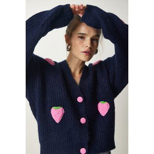 Happiness İstanbul Women's Navy Blue Strawberry Motif Oversize Knitwear Cardigan