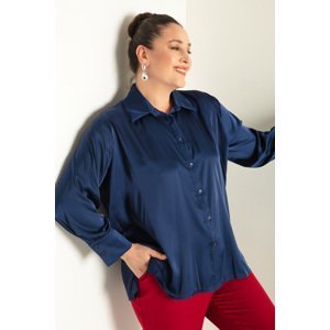 Lafaba Women's Navy Blue Plus Size Satin Shirt