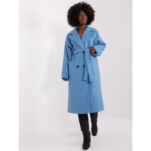 Modrý dlouhý dámský kabát s vlnou