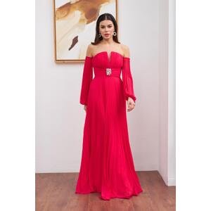 Carmen Fuchsia Chiffon Belt Detailed Long Evening Dress
