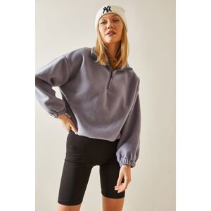 XHAN Gray Zippered High Collar Fleece Sweatshirt