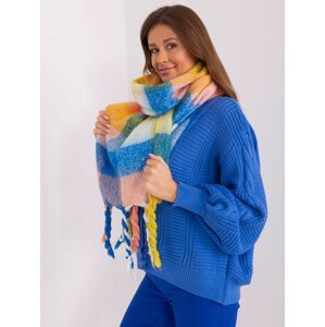 Žlutý a modrý dámský šátek s barevnými třásněmi