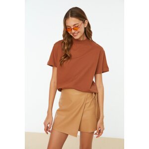 Trendyol Brown 100% Cotton Basic Stand Collar Knitted T-Shirt