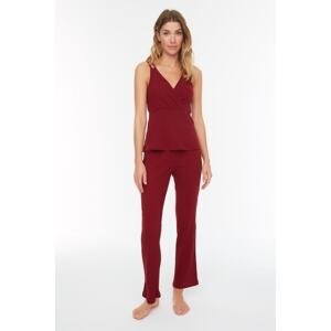 Trendyol Burgundy Ribbed Cotton Singlet-Pants Knitted Pajamas Set
