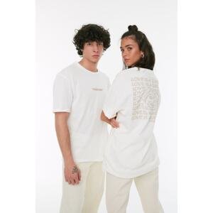 Trendyol White Unisex Relaxed Text Printed 100% Cotton T-Shirt
