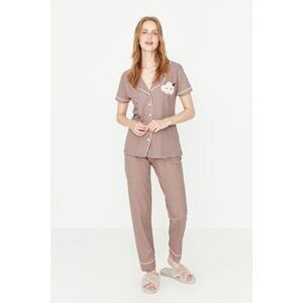 Trendyol Mink Cotton Printed Shirt-Pants Knitted Pajamas Set